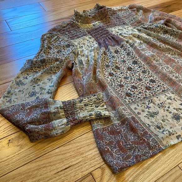 Sheer Smocked Patchwork Long Sleeve Mock Neck Blouse - Size M - Picture 3 of 10